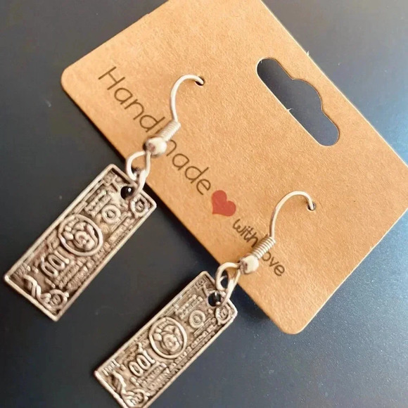 Rare Vintage Dollar Bill Metallic Silverplated Women's Fashion Dangle Earrings - Picture 1 of 3